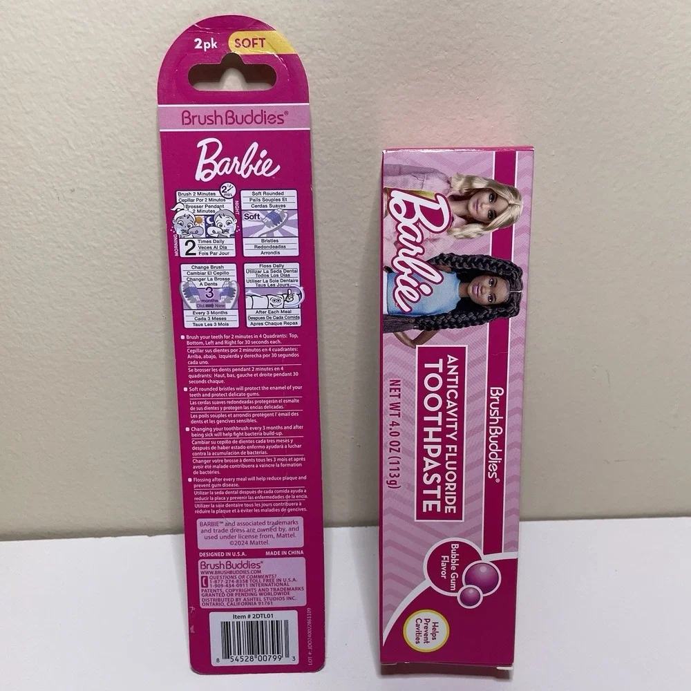 Brush Buddies Barbie 2 Pack Toothbrushes And Toothpaste‎ Set Bubble Gum Flavor